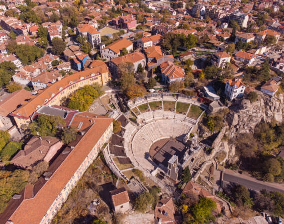 Aerial top view of City of Plovdiv, Bulgaria