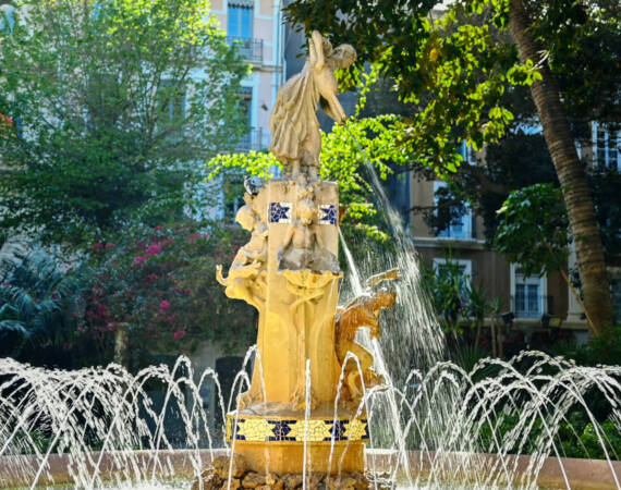 View of the fountain in Gabriel Miro Square in Alicante, Spain