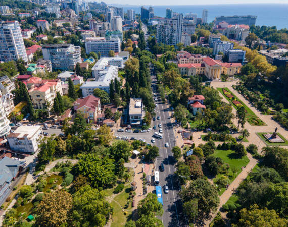 The modern Russian resort of Sochi on the Black Sea. Sochi aerial panoramic view